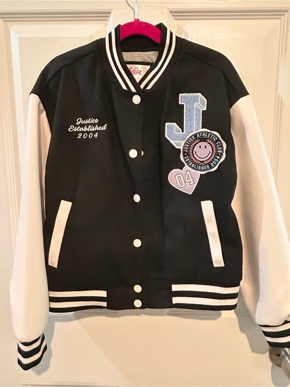 Justice Black & White Girls' Varsity Jacket with Patches